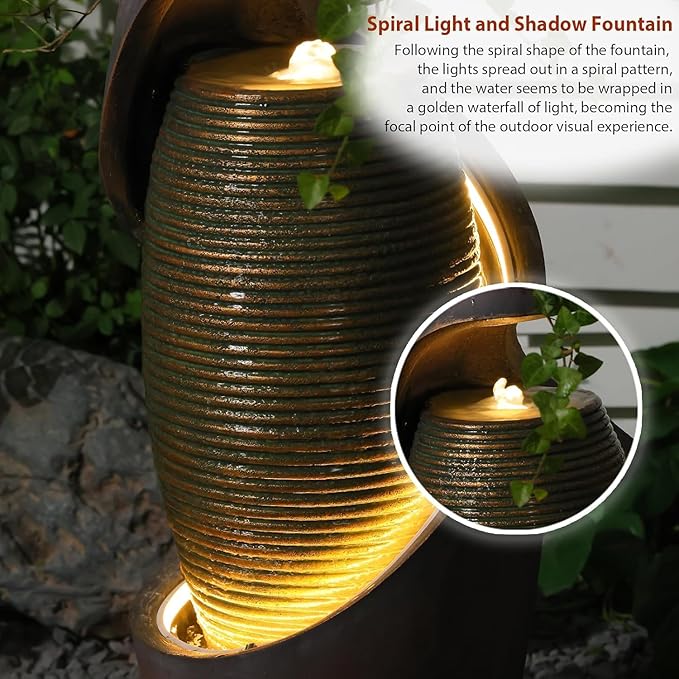 Modern Outdoor Freestanding Water Fountain with LED Lights, Resin Garden Water Feature with Planter Top for Patio, Yard & Porch, 29.5"H Sculptural Oval Waterfall Fountain Indoor Decor, Realaxing Sound