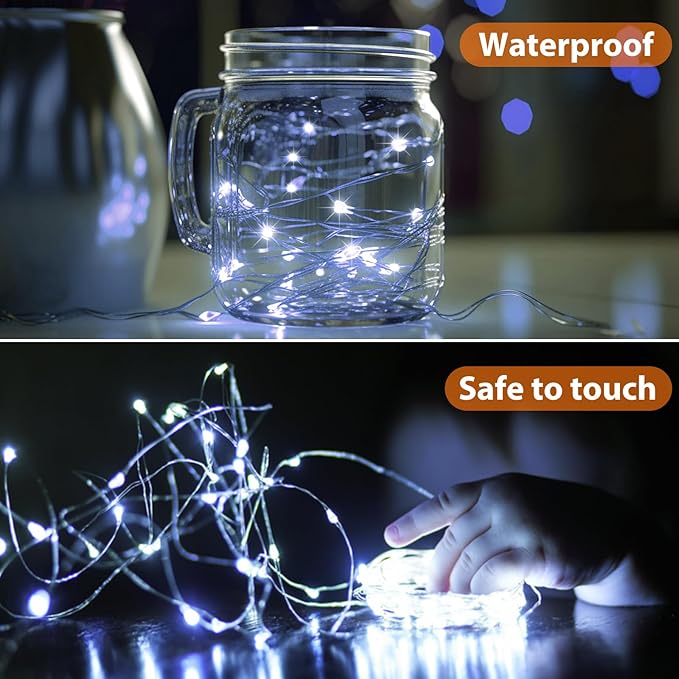 Litogo 7ft 20 LED Battery Operated Fairy Lights, Waterproof Silver Wire, Perfect for Mason Jars, Weddings, Parties, Bedroom, Patio, Cool White