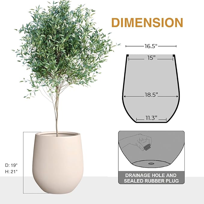 KUTE NEST 21"H x 19"D Corso Fiberstone Round Tapered Planter with Drainage Hole, Smooth Finishes, Weather Resistant for Indoor & Outdoor Use, Included 2 Extra Coco Mats (Kilim Beige, 15" Pot Opening)