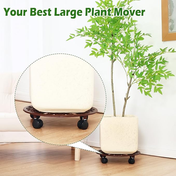 2 Packs 14 Inch Rolling Plant Stand with Wheels Metal Plant Caddy with Wheels Heavy Duty Round Plant Stand Indoor Iron Plants Rollers for Plants, Plant Dolly Brown