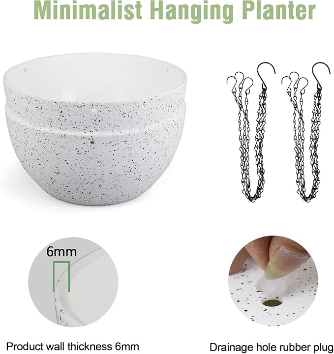 Meowell 10 inch Hanging Planters for Indoor Outdoor Plants, 2 Pack Hanging Flower Pots with Drainage Holes and Chain for Garden Porch, Plastic Hanging Baskets for House Plants, Speckled White
