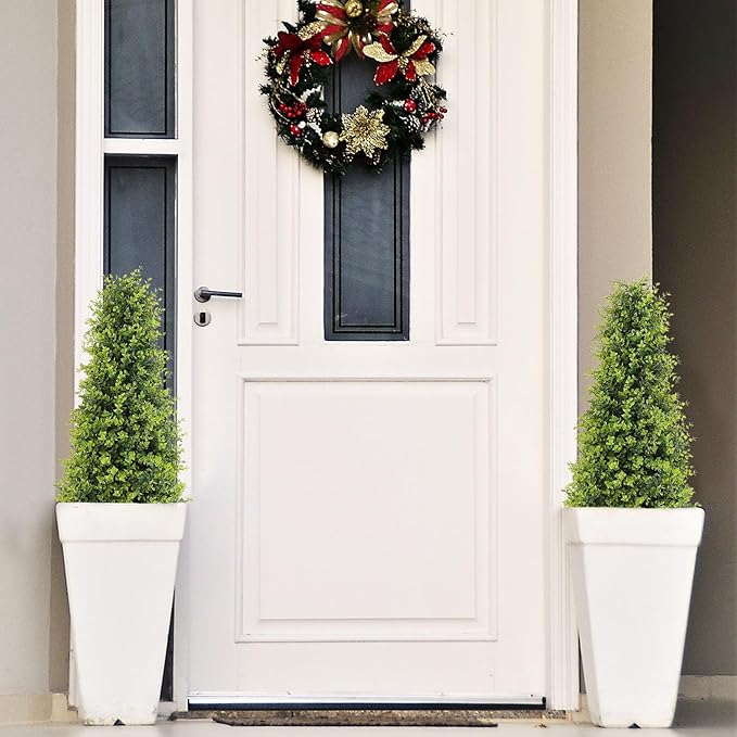 Binnny Flower 3ft Artificial Boxwood Topiary Trees, Set of 2 – UV Resistant Faux Evergreen Shrubs and Bushes for Outdoor Planters, Realistic Fake Plants for Front Porch Outside Patio Yard, 3 Foot Tall