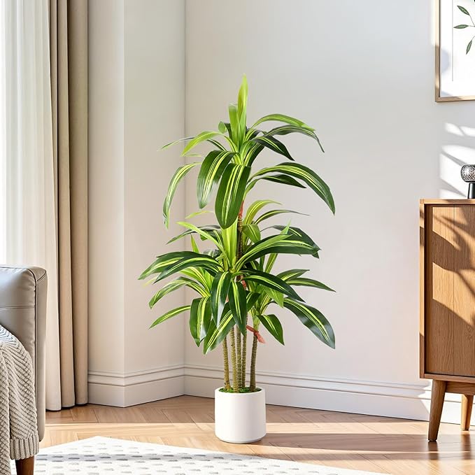 Alupssuc Artificial Dracaena Fake Tree 4FT, White High Pot Artificial Plants Indoor&Outdoor, Fake Plants for Office/Home/Living Room Potted Decoration, 4ft