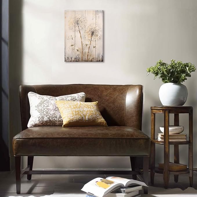 FUNHUA White Dandelion Wood Canvas Wall Art Rustic Home Decor Modern Home Decor for Living Room Home Bedroom Decoration Framed Ready to Hang12 x16