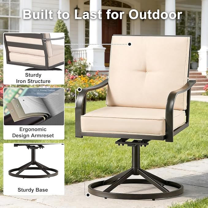 Patio Swivel Chairs Set of 2, Outdoor Swivel Dining Chairs with Thickened Cushions, All Weather Metal Patio Chair for Garden Lawn Porch, Beige