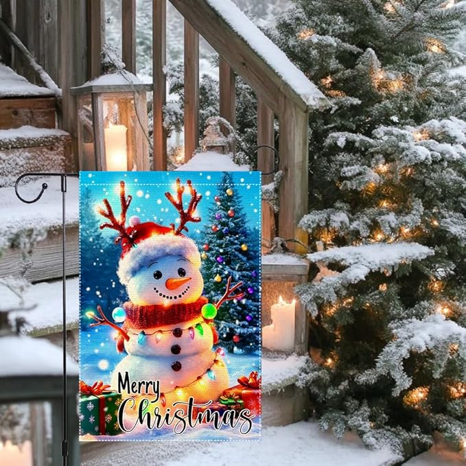 Christmas Snowman Garden Flag 12x18 Inch Double Sided Burlap Outdoor Holiday Yard Decor Cute Winter Lawn Banner with Lights Santa Hat Tree Gifts for Porch Patio Front Door