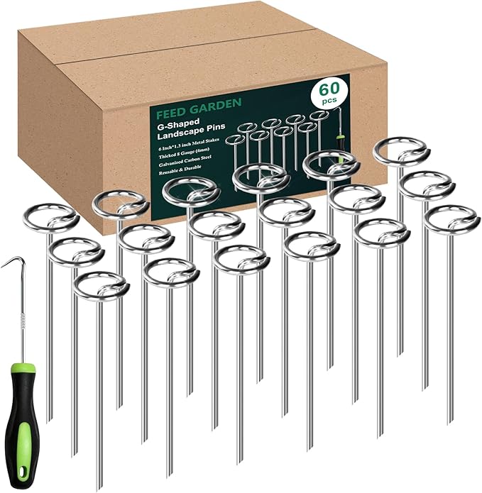 FEED GARDEN 60 Pack Landscape Staples 8 Gauge 6 Inch Galvanized Garden Stakes SOD Pins Yard Lawn Spikes for Plant Cover, Tent, Weed Barrier Fabric, Turf, Inflatable and Outdoor Decoration