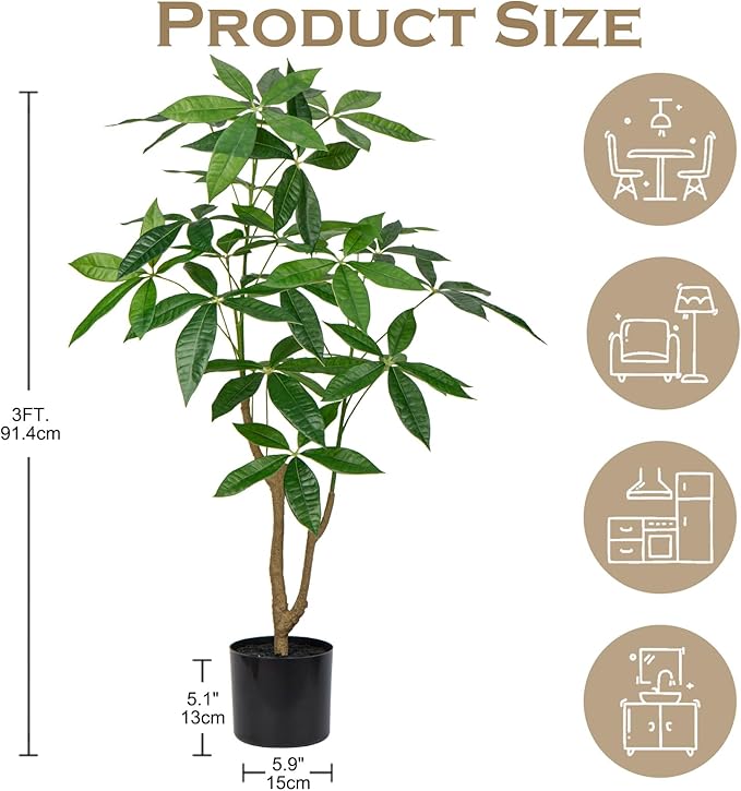 3FT Fake Money Tree Plant Indoor Potted Plants Artificial Pachira Money Tree Tall Faux Plants in Black Pot Good Luck Excellent Gift Fortune Plants for Home Office Decor