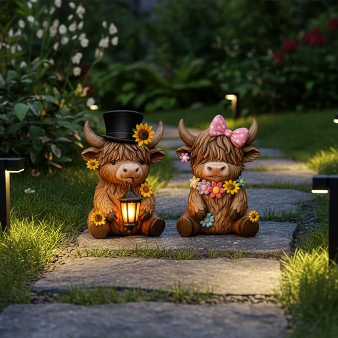 Retisee 2 Pcs Solar Highland Cow Garden Statues Resin Garden Highland Cow Statues with Flower LED Lights Outdoor Funny Solar Light Figurines Decoration for Yard Patio Lawn Gifts for Grandma Mom Women