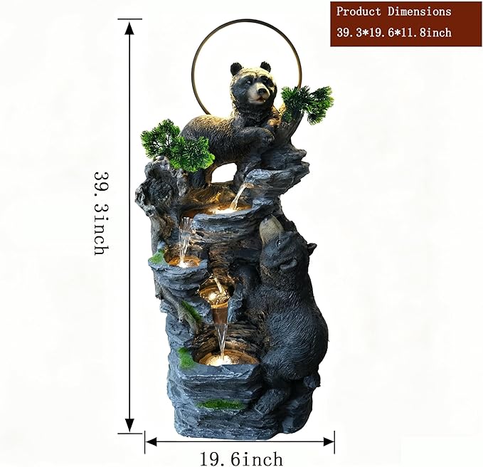 38.2" H Bear Outdoor Fountain with LED Lights and Five Tiered Waterfall Water Features,Suitable for Courtyard,Gardenand Indoor Decoration