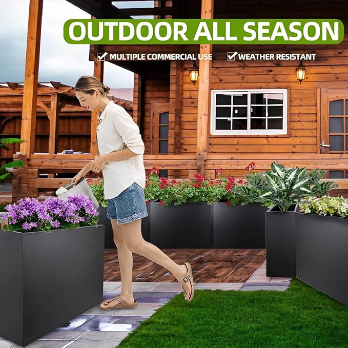 Megawodar Metal Tall Long Planter Box Large Rectangular Planter Flower Pot with Drainage Holes for Indoor Outdoor Deck Porch Garden Home Patio Front Door (Black, S)