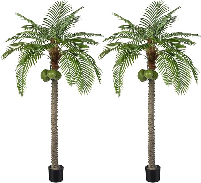 Artificial Phoenix Palm Tree with Coconut Fruit Outdoor Indoor Decor Large Faux Coconut Silk Palm Tree Tropical Fake Tree Large Faux Sago Palm Plant for Home Yard Outside (8 FT)