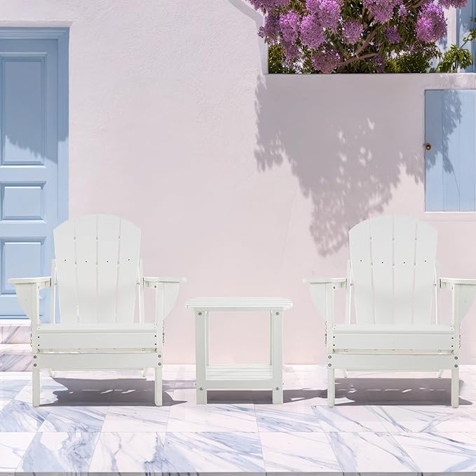 Folding Adirondack Chair Set with Side Table - HDPE Outdoor Patio Chairs, Weatherproof Chair with Reclining Back, Cup & Phone Holder, and 2-Tier Storage End Table for Firepit or Garden (White)