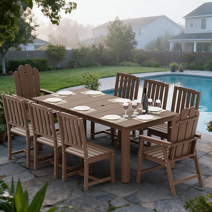 9-Piece Patio Dining Set, Outdoor Dining Set for 8, HDPE All-Weather Outdoor Furniture with 75.20” Umbrella Hole Table, 2 Armchairs & 6 Armless Chairs, Brown
