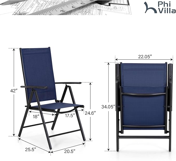 PHI VILLA Outdoor Patio Folding Chairs Set of 6, Portable Patio Dining Chairs with Adjustable Backrest for Outside, Garden, Lawn & Yard, No Assembly, Blue