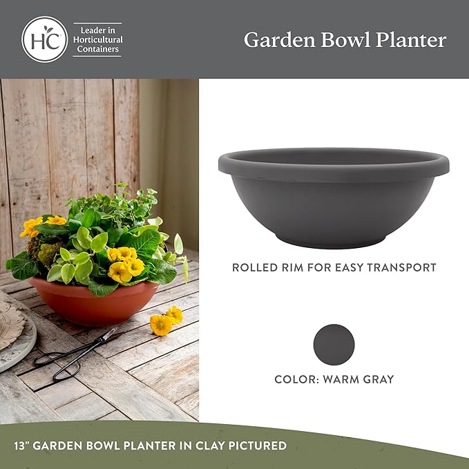 The HC Companies Shallow Planter with Drainage - Contemporary Garden Bowl Planter for Flowers, Herbs & More - Round Succulent Planter Pot for Indoors and Outdoors (20" Warm Gray, Pack of 1)