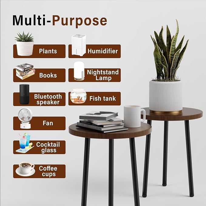 SAKSUN Plant Stand Indoor 14'': Indoor Plant Stand 2 Pack Metal Plant Table - Wood Plant Stool Outdoor Small Round Side End Table Mid Century Modern Decor - Home Decor