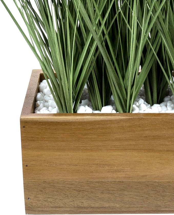 MyGift Artificial Grass Plants in Premium Acacia Solid Wood Planter Box, 12 Inch Decorative Wooden Container with Faux Greenery Plant, Indoor Table Decor