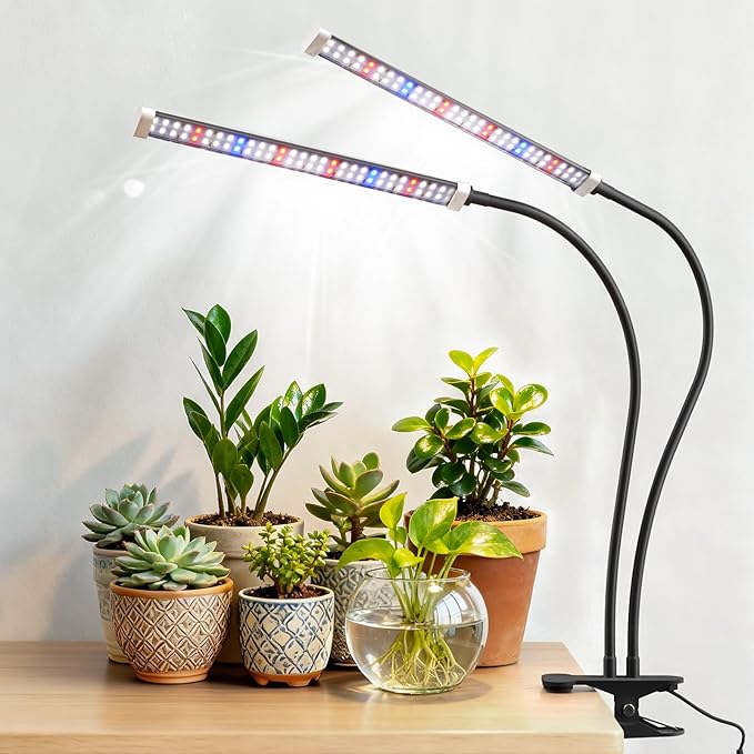 Sonamindary Grow Light for Indoor Plants, 120 LEDs Full Spectrum 5700K Plant Lamp with Red Blue White Light, 5-Level Dimmable, 4/8/12H Timer, Adjustable Clamp Stand(Dual Head)