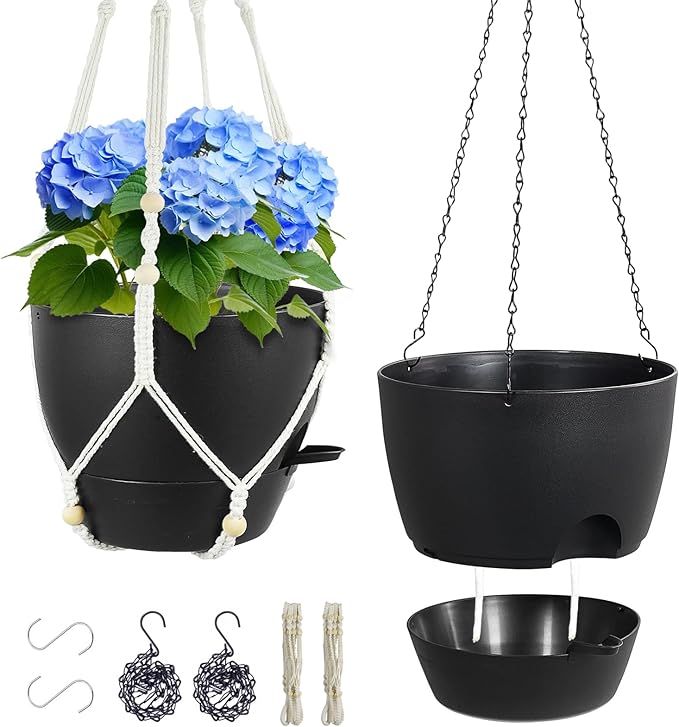 Meowell 10 inch Self Watering Hanging Planters, 2 Pack Hanging Baskets for Indoor Outdoor Plants, Hanging Flower Pots with Drainage Holes & 2 Kinds of Plant Hangers for Garden Home Decor, Black