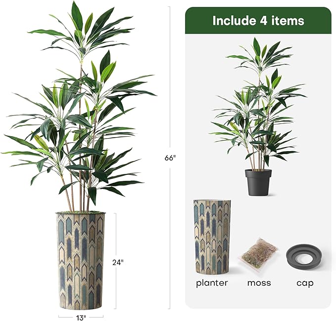 SIGNWIN Artificial Tree in Modern Polygon Pattern Effect Planter, Fake Dracaena Tree Silk Tree for Indoor and Outdoor Home Decoration - 66" Overall Tall (Plant Pot Plus Tree)