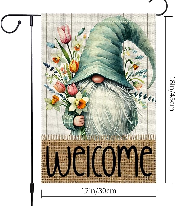 Welcome Spring Garden Flag 12x18 inch Burlap Double Sided Gnome Colorful Floral Small Summer Garden Flags Decorations For Outside Yard Home Outdoor Patio Lawn Decor
