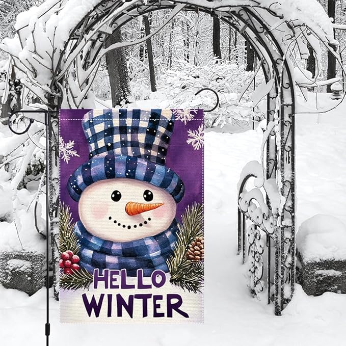 Winter Garden Flag 12x18 Inch Double Sided Small Burlap Outdoor Seasonal Decoration Cute Snowman Design with Plaid Hat and Scarf Hello Winter Welcome Flag for Yard Patio Front Porch