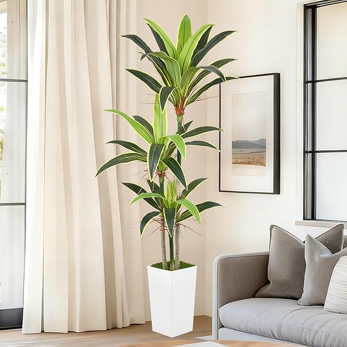 Aritificial Dracaena Tree 6FT Faux Floor Plant in Tall White Pot with Realistic Trunks and 46 Leaves Fake Tropical Yucca Plant for Home Office Decor Indoor Housewarming