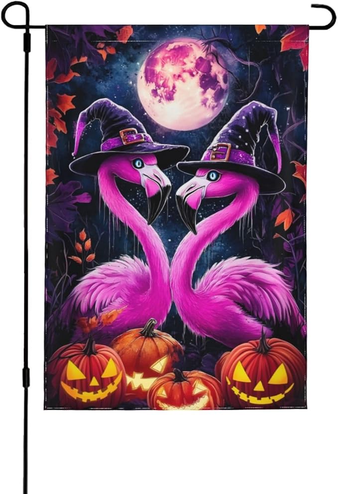 Flamingo Halloween Garden Flag Vertical Double Sided Outdoor Yard Flags 12.5x18 Inch Burlap Banners for House Lawn