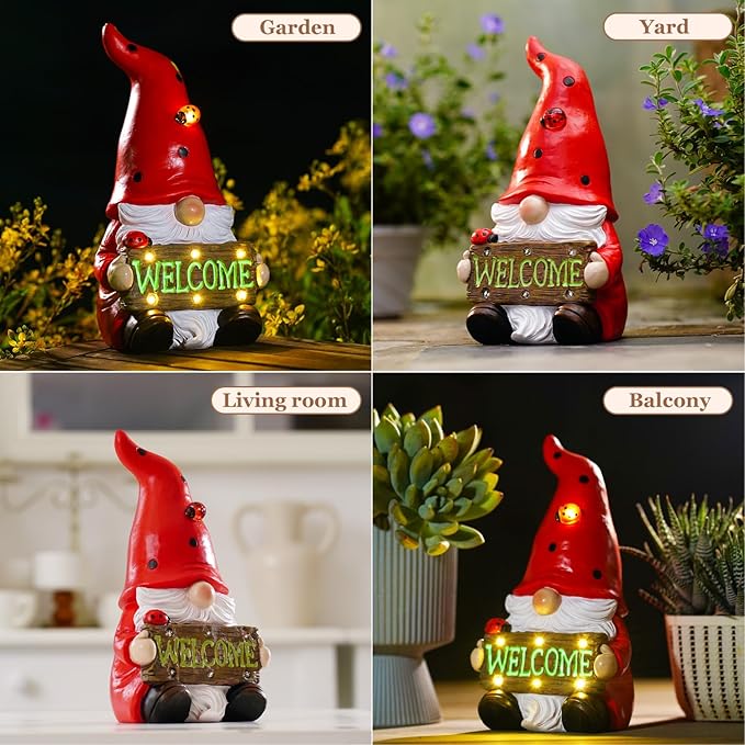 Gnome Garden Decor Statue Solar Welcome Decorations for Yard Lawn Outside with Lights Outdoor Decorations for Balcnoy