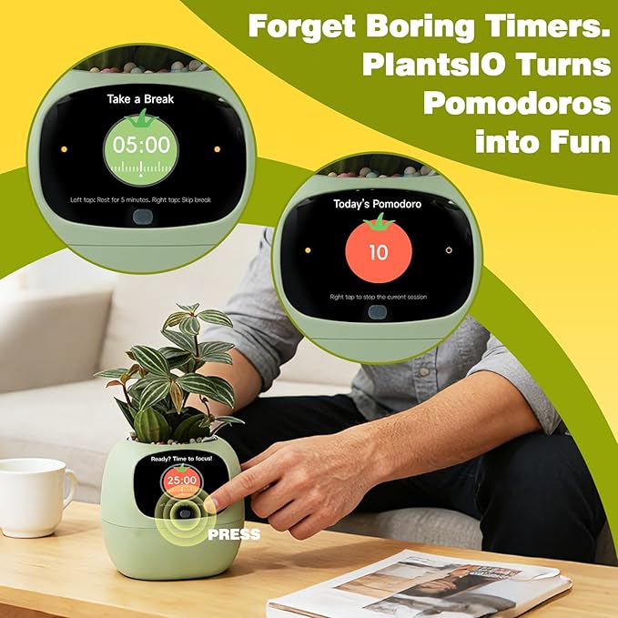 Plantsio AI Smart Pot for Plants with App Control, Self-Watering, Visual Display & 80ml Reservoir, Digital Plant Pot Supports 100+ Plants, Pomodoro Timer, Clock & Calendar,Desk & Office Planter-Green