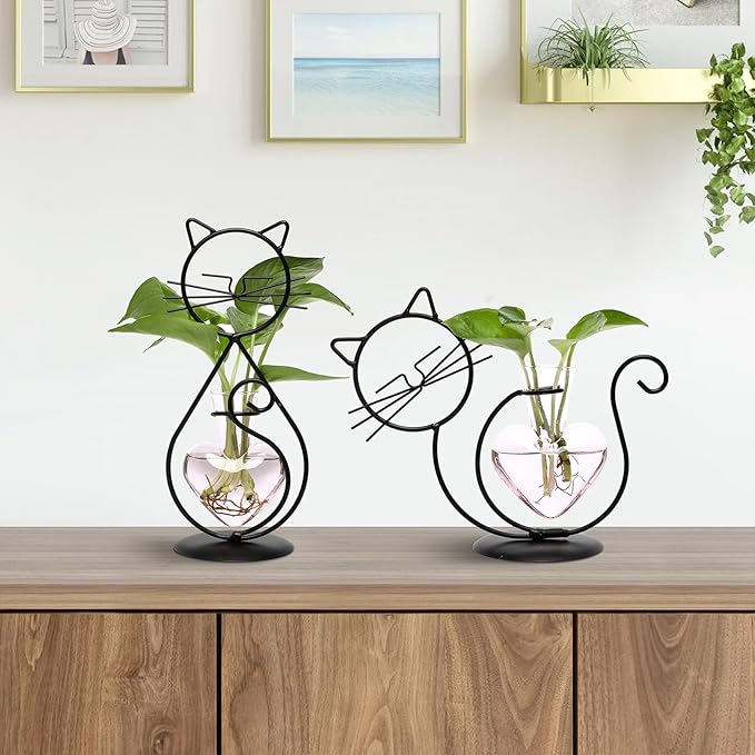 Plant Terrarium Plants Propagation Station Cat Lover Gifts for Women Home Office Decor Cat Desk Accessories