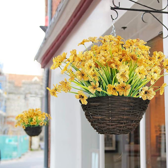 JEMONG 12 Bundles Artificial Flowers Outdoor UV Resistant Flowers No Fade Faux Plastic Plants Garden Porch Window Box Decorating (Yellow)