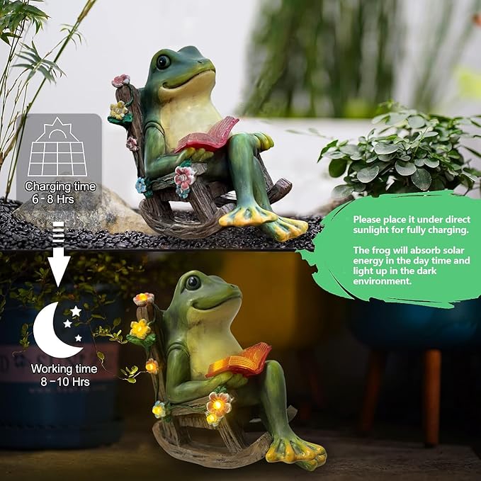 Solar Garden Statues Miniature Frog Figurine Thanksgiving Decor with Succulents and 7 LED Lights Outdoor for Patio Yard Balcony Lawn - Unique Housewarming Birthday Gifts for Women Mom Family Friends