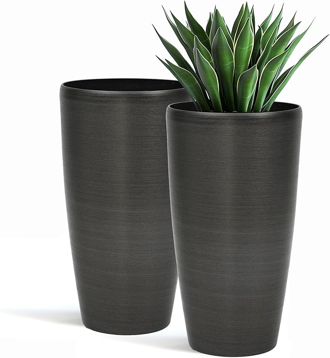Autodaya 22.8" Tall Planters Set of 2, High-Density Resin Brushed Outdoor Pots for Plants, Versatile Indoor/Outdoor Flower Pots w/Drainage Hole for Patio Garden Porch & Living Room Decor, Ideal Gift