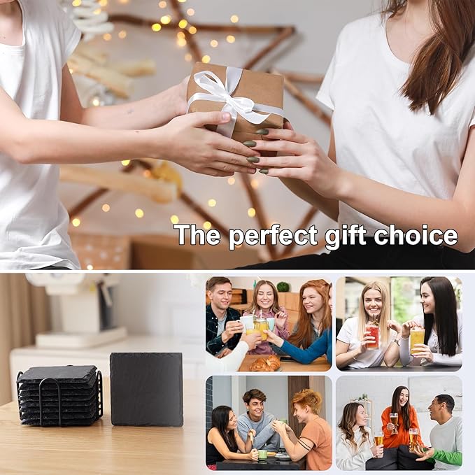 Slate Coasters Set of 60,4-Inch Black Square Stone Drink Coasters with Scratch-Resistant Backing,Durable Tabletop Protection for Home Office Kitchen,Ideal Housewarming Wedding Gifts