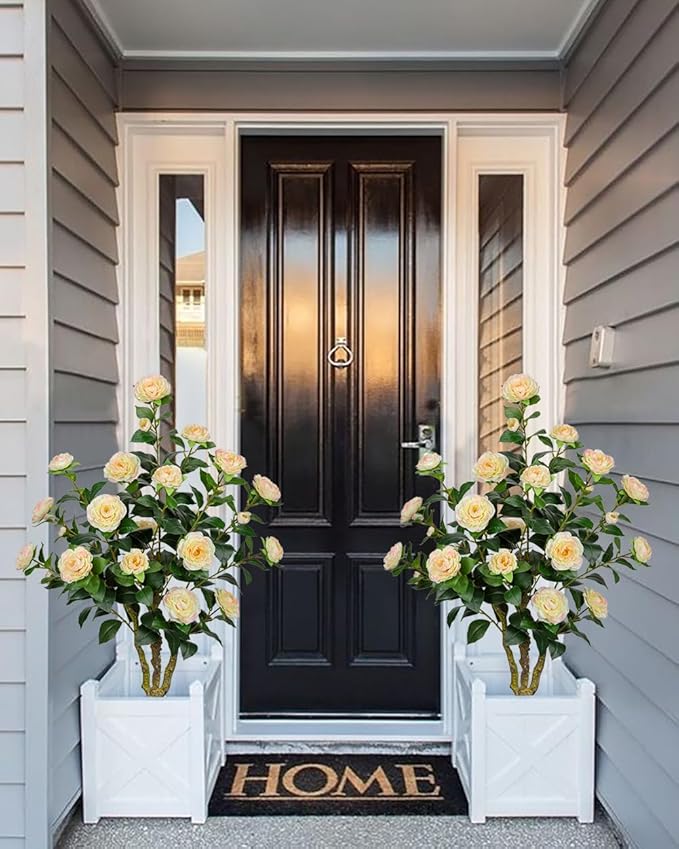 3ft Artificial Camellia Tree Fake Camellia Plant with Yellow Flowers Faux Floral Plant Blooming Tree in Black Pot for Indoor Outdoor Office Home Front Door Porch Decor (1 Pack - Yellow)
