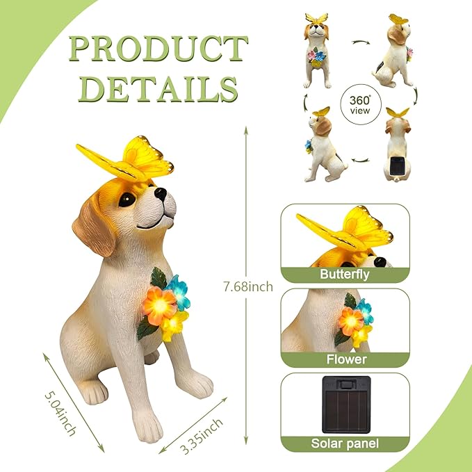 Solar Dog Garden Statues Decor, Outdoor Fairy Dogs Figurines Accessories Decorations with LED Lights Home Patio Balcony Yard Lawn Ornaments, Unique Thanksgiving for Women Dad Friends