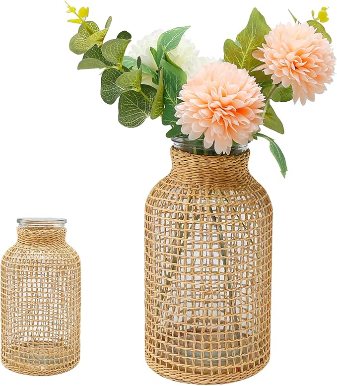 MDEOOSKY Straw Woven Glass Vase 7.87''x1.96''x4.13''Boho Glass Flower Vase Country Rustic Style Vase Glass Vase for Floral Arrangements Bottle Height (B Style 7.87IN)