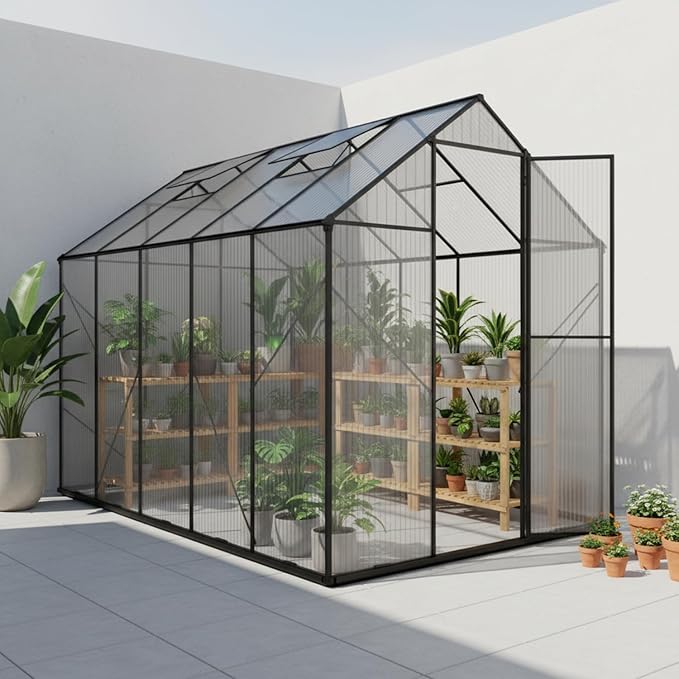 6×10 FT Walk-In Greenhouse Polycarbonate Greenhouse for Outdoors, Heavy Duty Backyard Garden Greenhouse with Aluminum Frame, Clear Panels, Adjustable Roof Vent, Rain Gutter System, Patio&Garden