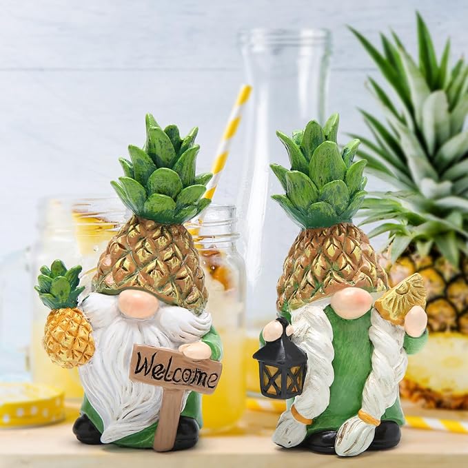 Hodao Gnomes Decorations for Home, Summer Fall Resin Pineapple Gnome Figurines, Pineapple Themed Gift for Loved Ones, Perfect Indoor Outdoor Decor for Home Tabletop Garden Yard - 2 Pcs