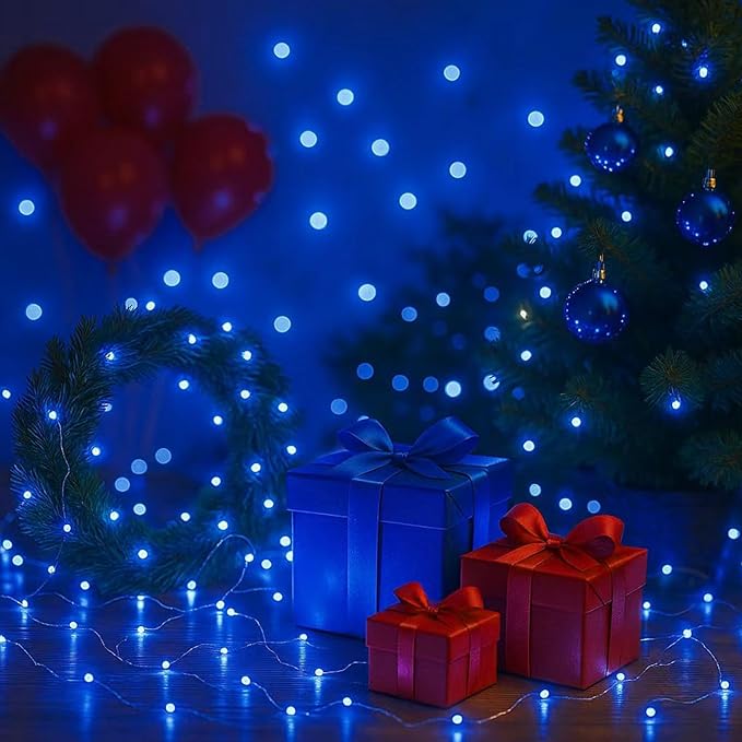 2 Pack Total 200 LED Fairy Lights Battery Operated String Lights with Remote & 8 Modes, 33FT Waterproof Copper Wire Battery Powered Twinkle Lights for Outdoor Christmas Parties Decoration Blue