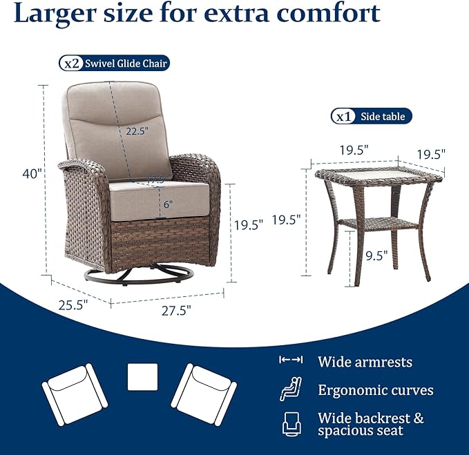Outdoor Swivel Rocking Chair Patio Set (3-Piece), High-Back - Thick Cushion Swivel Rocking Chair Patio Set, All-Weather Wicker Patio Furniture Set, Suitable for Balcony Patios, Brown/Beige