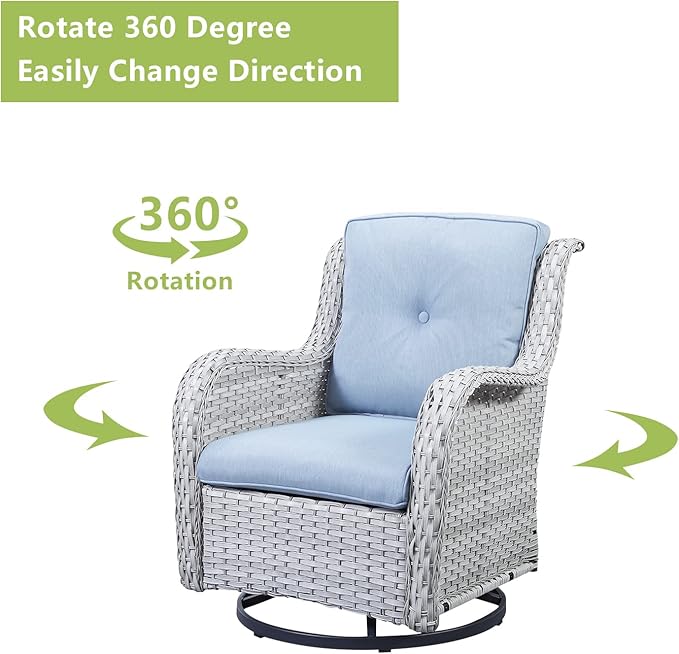 Rilyson Patio Furniture Swivel Chairs Set - 6 PC Wicker Rattan Outdoor Sectional Conversation Sets with 2 Rocking Chair,2 Ottoman and 2 Sofa for Porch Deck Garden(Light Grey/Sky Blue)