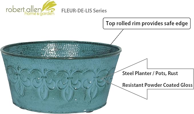 Robert Allen MPT01893 Fluer De Lis Series Metal Bowl Planter Flower Pot, 8", Color Surf Blue