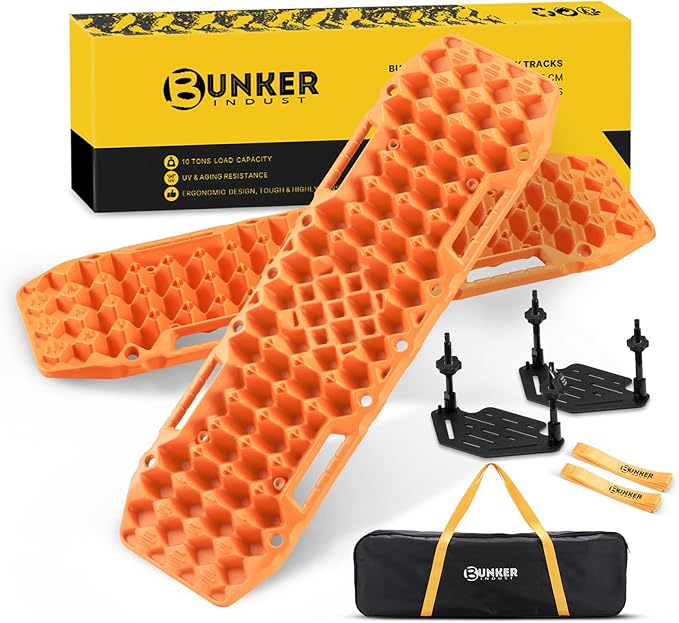 BUNKER INDUST Gen 7th Traction Boards with Mounting Kit, Pair Offroad Recovery Tracks with Jack Base for 4X4 Jeep Truck Tire Traction-Sand,Mud, Snow Ramps (Orange)