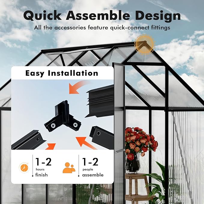 6×7.5FT Greenhouse for Outdoors, Large Walk in Greenhouse Kit, Enhanced Aluminum Green Houses for Outside Withstands Wind and Snow to Protect Vegetable or Plants