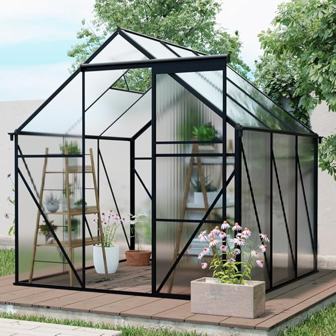6x6 FT Polycarbonate Greenhouse Raised Base and Anchor Aluminum Heavy Duty Walk-in Greenhouses for Outdoor Backyard in All Season Black