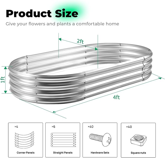AHEONLAR Galvanized Raised Garden Bed Kit, Oval Large Metal Planter Box, Sturdy and Durable, Garden Boxes Outdoor Raised for Vegetables, Fruits, Flowers and Herbs, 4x2x1ft (Silver)