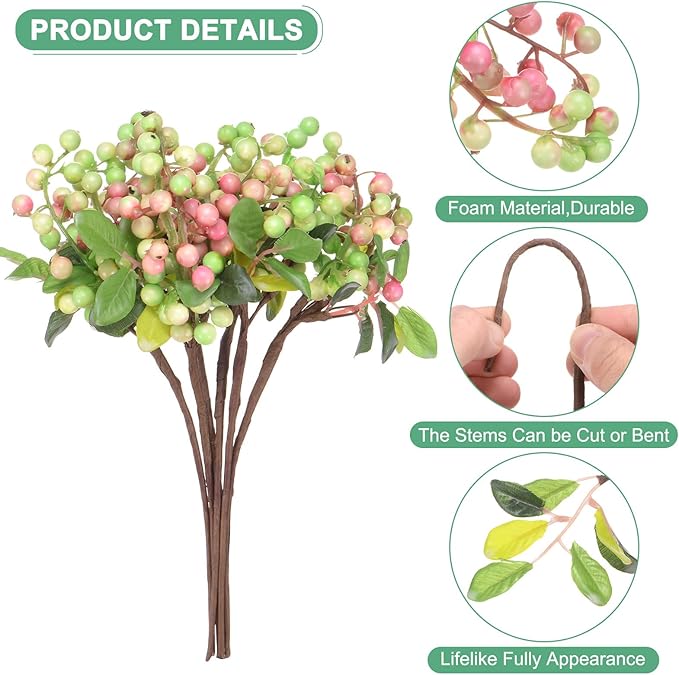 6-Pack Artificial Berry, 9.8 Inch Faux Holly Berry Foam Faux Frosted Berries with Stems for Home/Wedding/Christmas/DIY/Party/Garden/Office [White Pink]